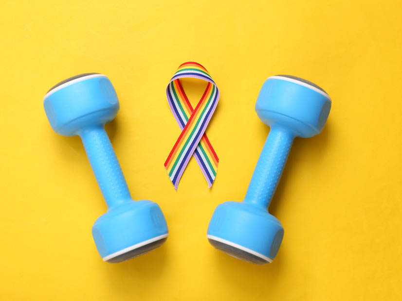 Blue dumbbells and pride rainbow ribbon